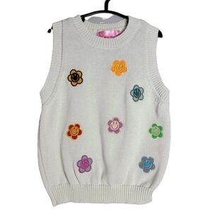 Say What Kids Y2K Style Embroidered Smiley Flower Sweater Vest Size S 7/8 Retro